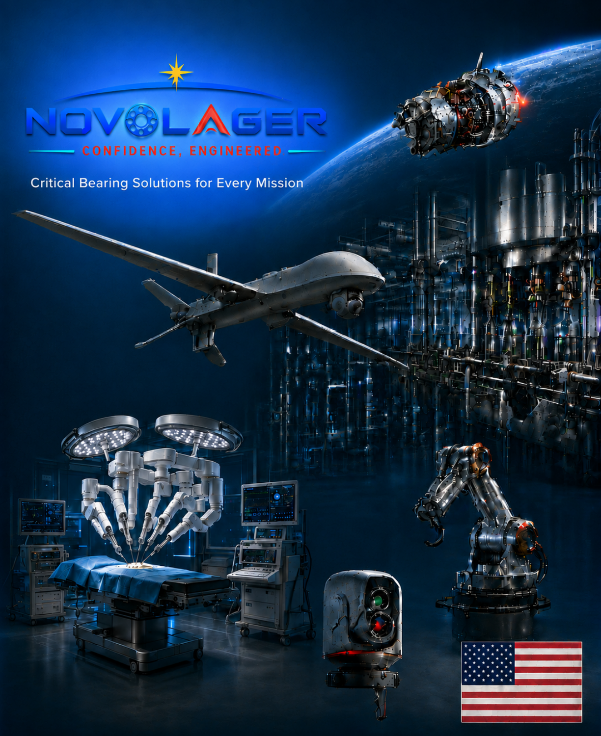 Novolager blue application artwork with a space vehicle, aircraft, medical robot, industrial robot and compact camera gimbal